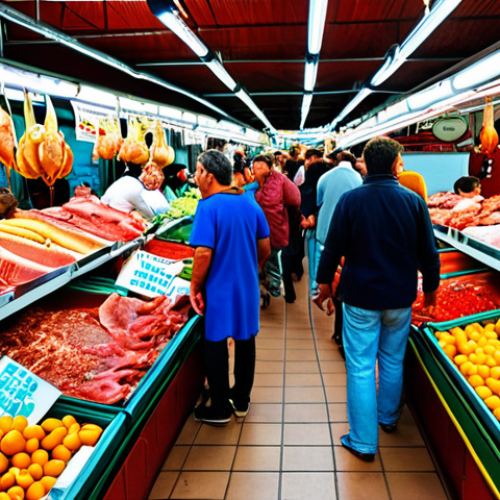 Home 11 **
A vibrant, bustling scene inside Mercado de la Boquería in Barcelona. Focus on fresh seafood, exotic fruits, and Iberian ham stalls, capturing the colorful chaos and energy of the market. People should be interacting with vendors, sampling food, and generally enjoying the atmosphere.
**