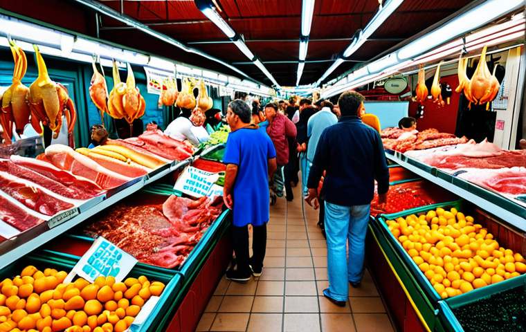 **
A vibrant, bustling scene inside Mercado de la Boquería in Barcelona. Focus on fresh seafood, exotic fruits, and Iberian ham stalls, capturing the colorful chaos and energy of the market. People should be interacting with vendors, sampling food, and generally enjoying the atmosphere.
**