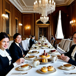 **Traditional Afternoon Tea Scene:**
    A group of professional individuals fully clothed in modest, classic elegant attire, enjoying a traditional Afternoon Tea in a luxurious, ornate hotel salon. The setting features polished wooden tables, velvet armchairs, shimmering crystal chandeliers, and classic architectural details. On the table, a tiered stand displays delicate cucumber sandwiches, traditional scones with clotted cream and jam, and classic pastries, served with exquisite porcelain teacups. The atmosphere is sophisticated and timeless. Perfect anatomy, correct proportions, natural pose, well-formed hands, proper finger count, natural body proportions. Professional photography, high quality, safe for work, appropriate content, family-friendly.