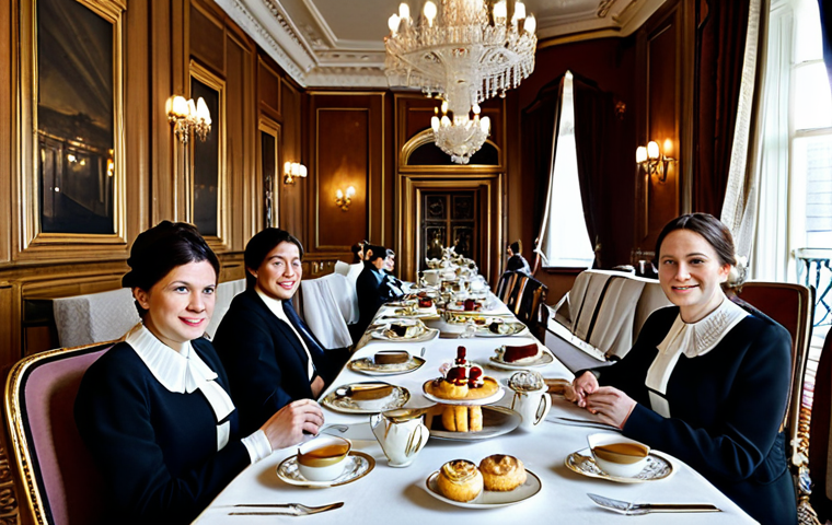 **Traditional Afternoon Tea Scene:**
    A group of professional individuals fully clothed in modest, classic elegant attire, enjoying a traditional Afternoon Tea in a luxurious, ornate hotel salon. The setting features polished wooden tables, velvet armchairs, shimmering crystal chandeliers, and classic architectural details. On the table, a tiered stand displays delicate cucumber sandwiches, traditional scones with clotted cream and jam, and classic pastries, served with exquisite porcelain teacups. The atmosphere is sophisticated and timeless. Perfect anatomy, correct proportions, natural pose, well-formed hands, proper finger count, natural body proportions. Professional photography, high quality, safe for work, appropriate content, family-friendly.