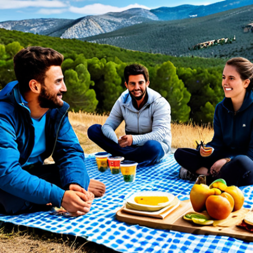 Picnic in the Sierra de Guadarrama**

A group of friends enjoying a picnic in the Sierra de Guadarrama near Madrid, Spain. They are sitting on a checkered blanket surrounded by reusable containers filled with tortilla española, bocadillos de jamón serrano, and fruit skewers. In the background, you see the mountains and a clear blue sky. Everyone is fully clothed in appropriate hiking attire. Safe for work, appropriate content, family-friendly, perfect anatomy, natural proportions, professional photography, high quality.

**