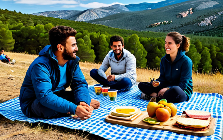 Picnic in the Sierra de Guadarrama**

A group of friends enjoying a picnic in the Sierra de Guadarrama near Madrid, Spain. They are sitting on a checkered blanket surrounded by reusable containers filled with tortilla española, bocadillos de jamón serrano, and fruit skewers. In the background, you see the mountains and a clear blue sky. Everyone is fully clothed in appropriate hiking attire. Safe for work, appropriate content, family-friendly, perfect anatomy, natural proportions, professional photography, high quality.

**