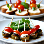 Mediterranean Appetizers**

"A beautifully arranged platter of Mediterranean-inspired appetizers: mini Caprese skewers with balsamic glaze, homemade hummus with colorful vegetable crudités and toasted pita bread, and tapenade crostini garnished with anchovies. The scene is bright and inviting, shot in natural light. safe for work, appropriate content, fully clothed, professional food photography, perfect composition."

**
