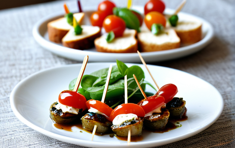 Mediterranean Appetizers**

"A beautifully arranged platter of Mediterranean-inspired appetizers: mini Caprese skewers with balsamic glaze, homemade hummus with colorful vegetable crudités and toasted pita bread, and tapenade crostini garnished with anchovies. The scene is bright and inviting, shot in natural light. safe for work, appropriate content, fully clothed, professional food photography, perfect composition."

**
