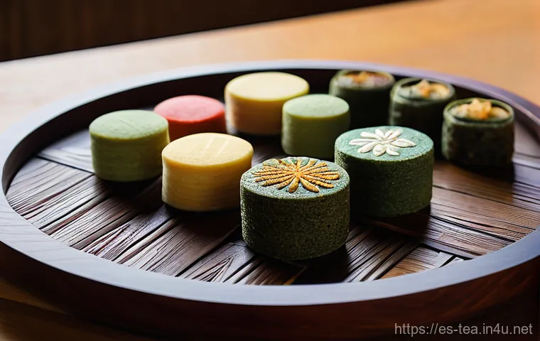 한국 전통 다과 - **"Dasik" - Artistry and Delicate Balance:**
A beautifully composed close-up shot of a variety o...