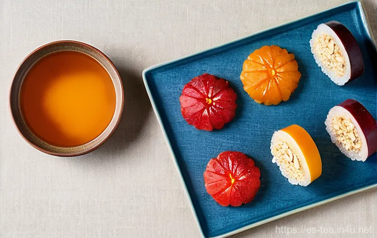한국 전통 다과 - **"Yakgwa" - Golden Honeyed Delight:**
    A vibrant still-life photograph featuring a cluster of gl...