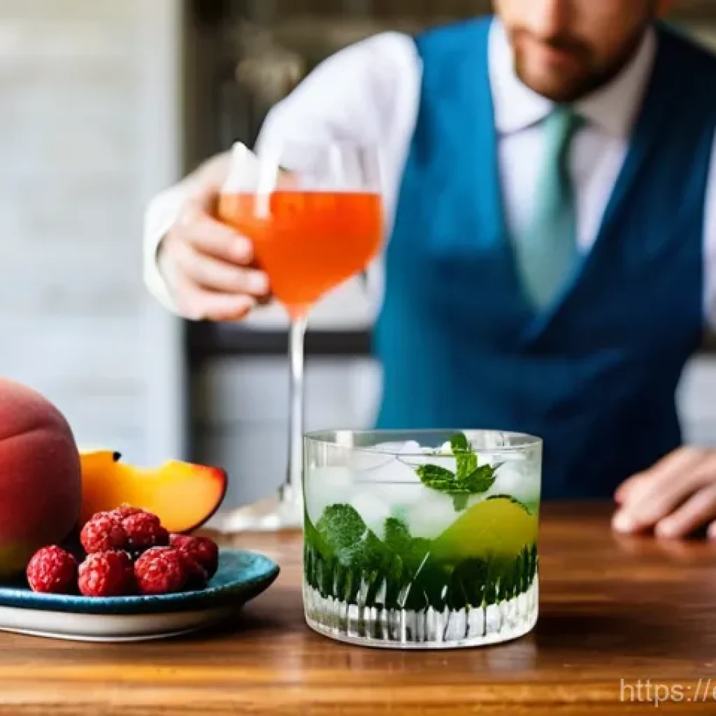 다과와 논알콜 칵테일 - **Prompt:** A close-up, vibrant, and appetizing shot of a mixologist's hands (gender-neutral) meticu...