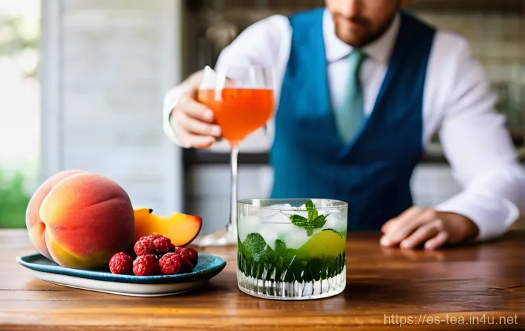 다과와 논알콜 칵테일 - **Prompt:** A close-up, vibrant, and appetizing shot of a mixologist's hands (gender-neutral) meticu...