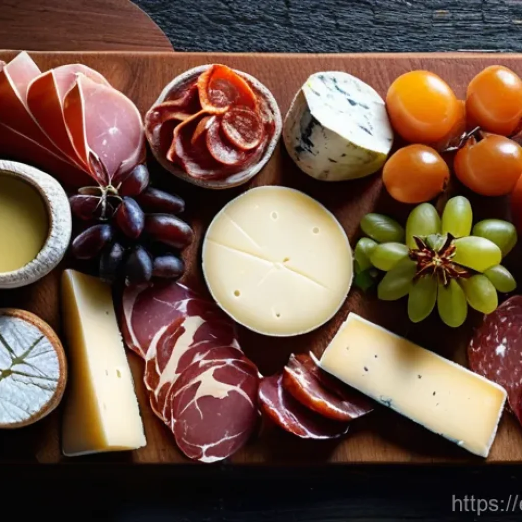 다과 플래터 구성법 - **A Rustic Spanish Cheese and Cured Meat Feast**
    A close-up, high-resolution photo of a lavish S...