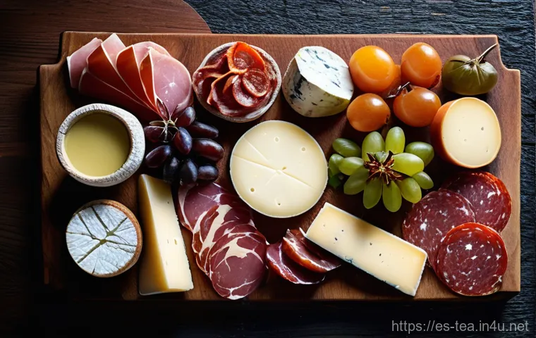 다과 플래터 구성법 - **A Rustic Spanish Cheese and Cured Meat Feast**
A close-up, high-resolution photo of a lavish S...