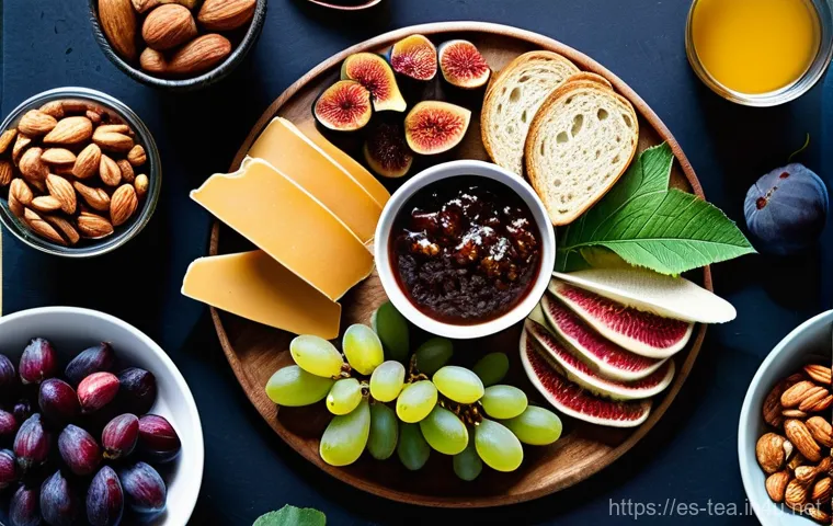 다과 플래터 구성법 - **A Rustic Spanish Cheese and Cured Meat Feast**
    A close-up, high-resolution photo of a lavish S...