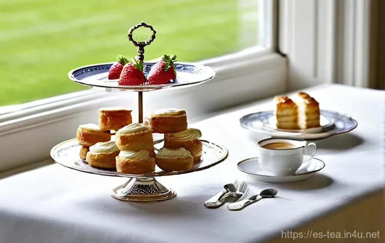 유럽 티푸드 문화 - **Prompt 1: Classic British Afternoon Tea Elegance**
"A serene and elegant scene set in a tradit...