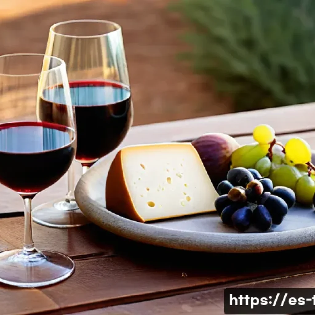 다과와 페어링 요리 - A rustic wooden table set outdoors in a Spanish countryside setting during golden hour, featuring an...