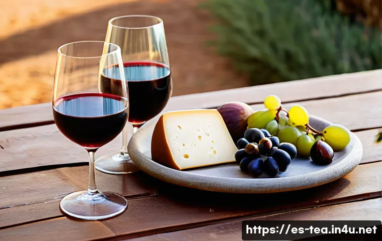 다과와 페어링 요리 - A rustic wooden table set outdoors in a Spanish countryside setting during golden hour, featuring an...