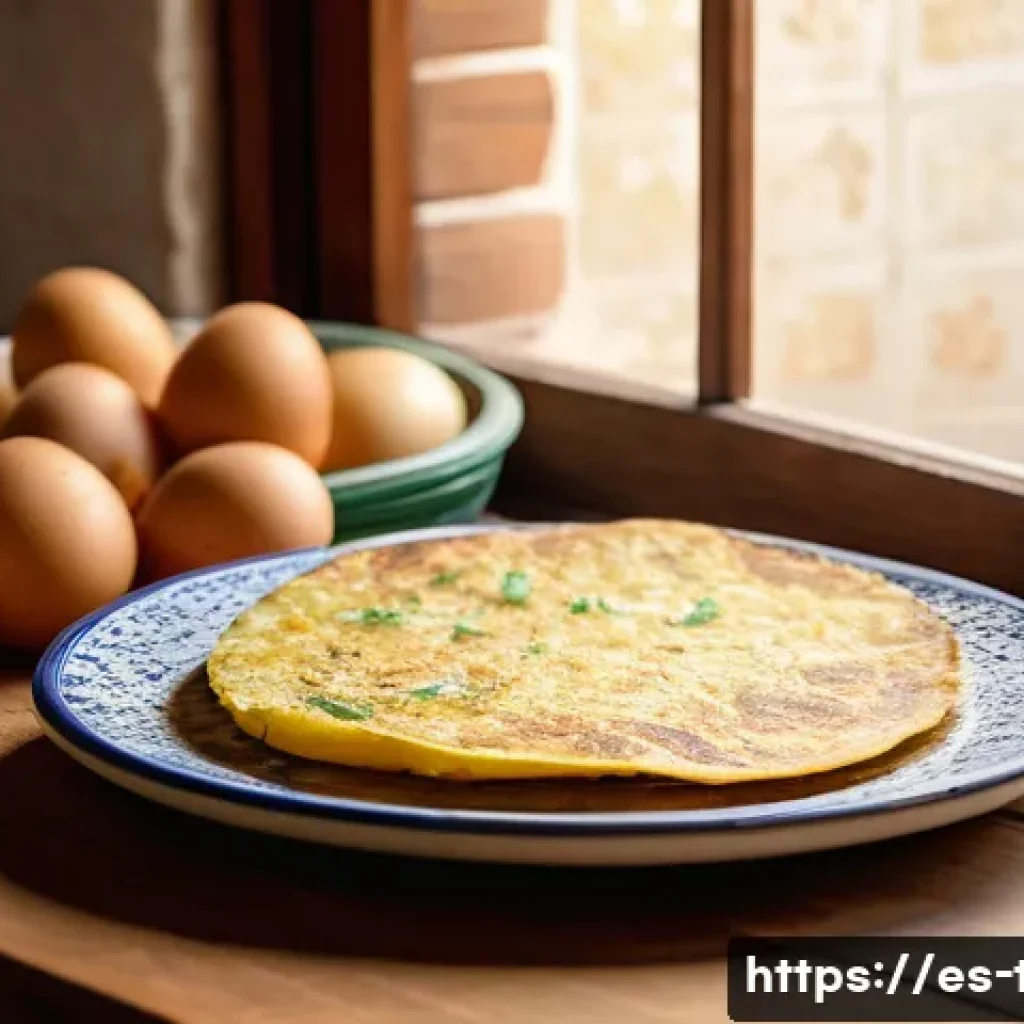 다과와 지역특산품 - A rustic Spanish kitchen scene showcasing a traditional tortilla de patatas on a ceramic plate, surr...
