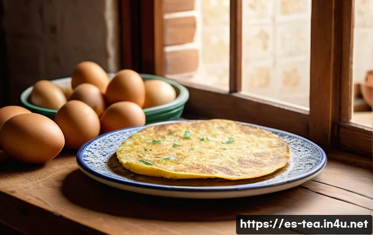 다과와 지역특산품 - A rustic Spanish kitchen scene showcasing a traditional tortilla de patatas on a ceramic plate, surr...