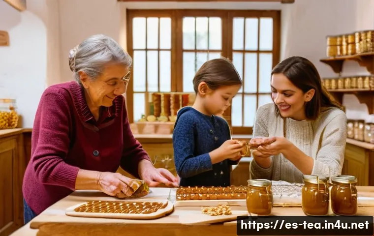 다과 브랜드 스토리 - A warm, rustic artisan candy workshop in a traditional Spanish village, showcasing a multi-generatio...