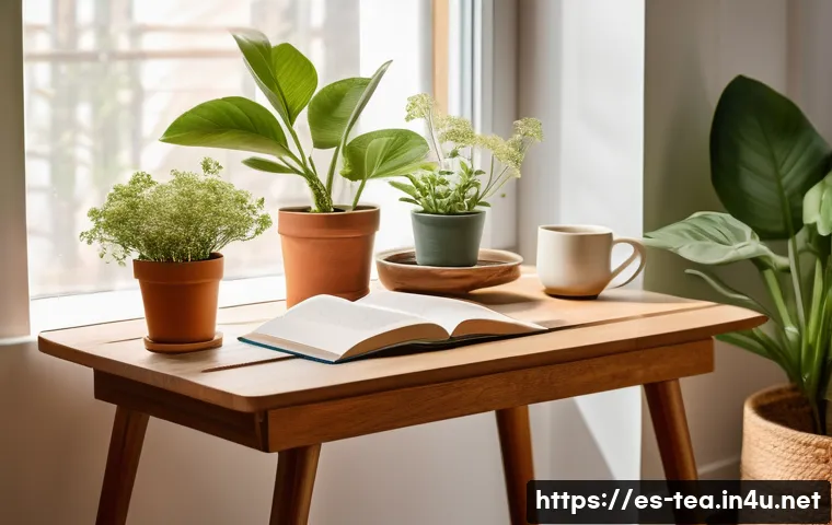 다과와 취미생활 - A cozy, sunlit corner designed for creative hobbies and light snacking, featuring a small wooden tab...