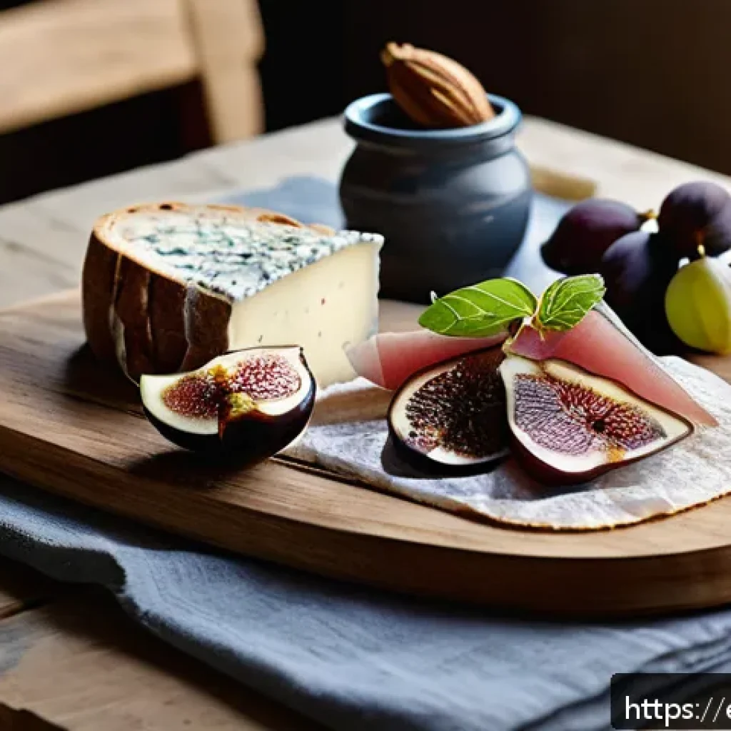 다과와 파인다이닝 - A rustic artisanal snack spread on a natural wooden board, featuring crusty bread slices topped with...
