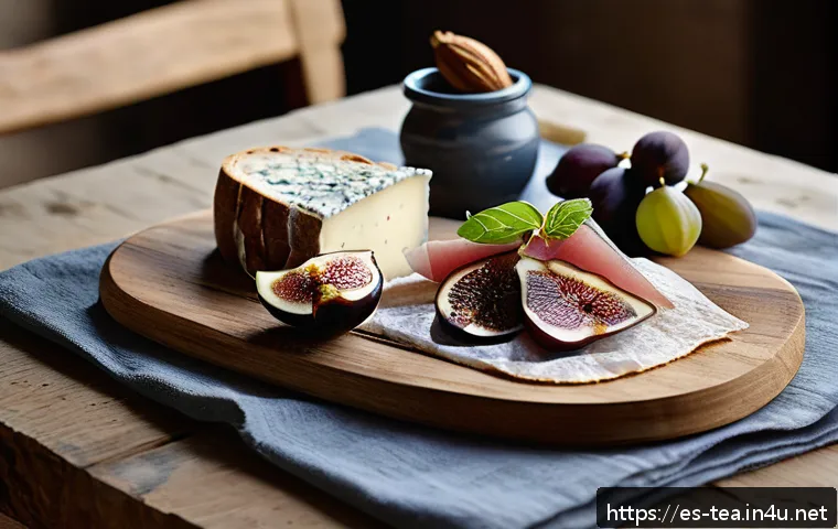 다과와 파인다이닝 - A rustic artisanal snack spread on a natural wooden board, featuring crusty bread slices topped with...