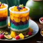 Home 18 다과와 동남아 디저트 - A vibrant Southeast Asian dessert table featuring traditional sweets like mango sticky rice with glu...