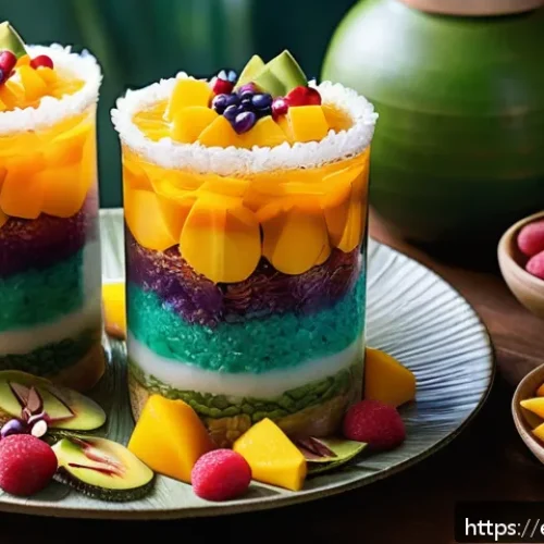 Home 30 다과와 동남아 디저트 - A vibrant Southeast Asian dessert table featuring traditional sweets like mango sticky rice with glu...