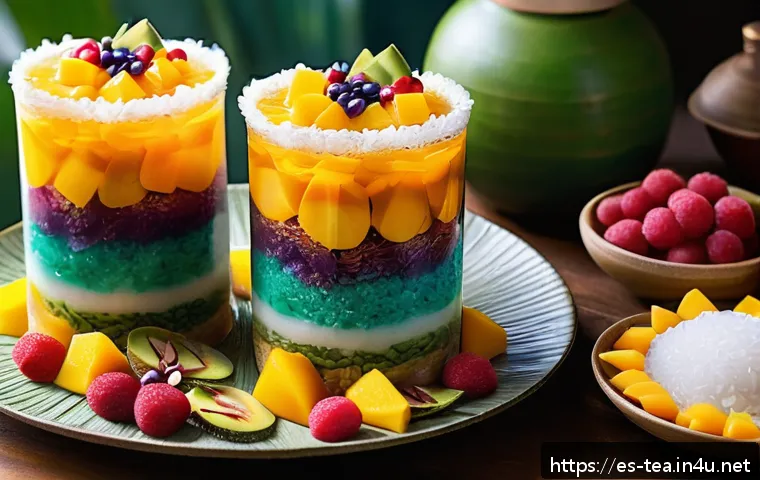 다과와 동남아 디저트 - A vibrant Southeast Asian dessert table featuring traditional sweets like mango sticky rice with glu...