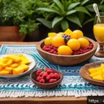 Home 23 다과와 홈메이드 아이스크림 - A vibrant, rustic wooden table set outdoors in a sunny Spanish courtyard, featuring an elegant sprea...