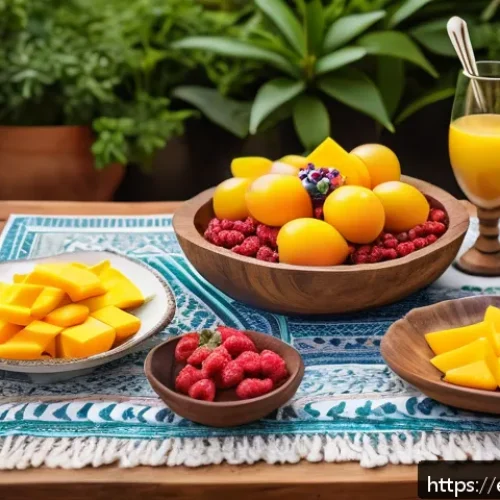 Home 17 다과와 홈메이드 아이스크림 - A vibrant, rustic wooden table set outdoors in a sunny Spanish courtyard, featuring an elegant sprea...