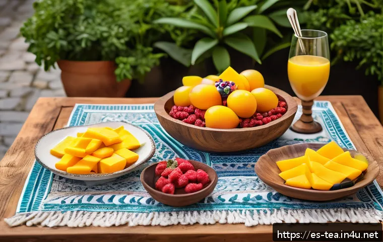 다과와 홈메이드 아이스크림 - A vibrant, rustic wooden table set outdoors in a sunny Spanish courtyard, featuring an elegant sprea...