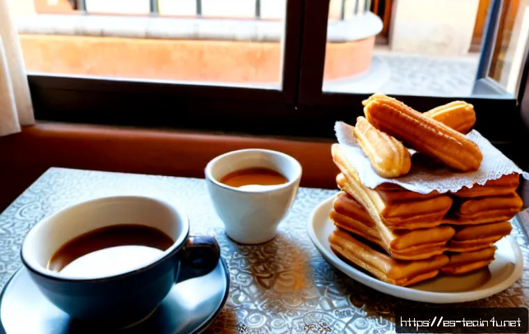 Home 17 다과와 한식 디저트 카페 - Photorealistic cozy Spanish café table featuring a refined afternoon assortment of churros with thic...