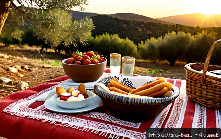 다과와 피크닉 - Photorealistic sunlit picnic in a Spanish countryside olive grove, woven blanket with small plates o...