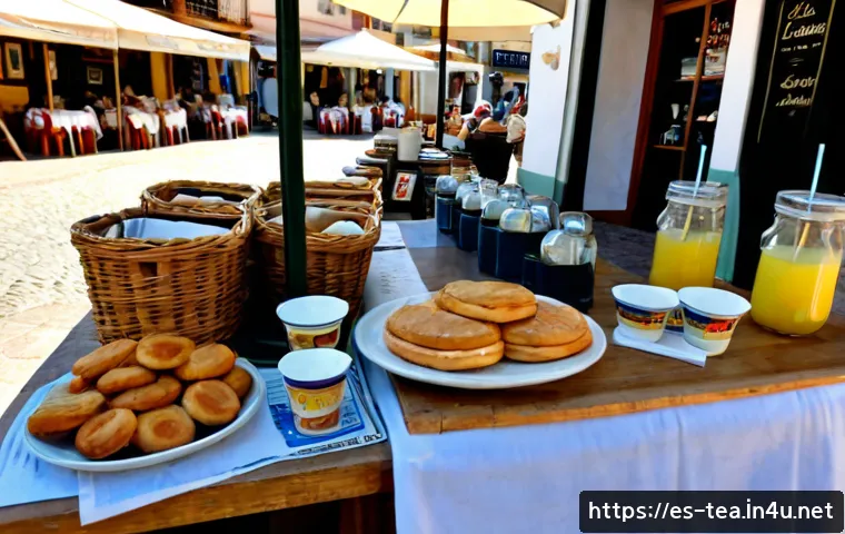 Home 17 다과와 플리마켓 - Photorealistic outdoor flea market in a sunny Spanish town plaza, a welcoming stall with homemade pa...