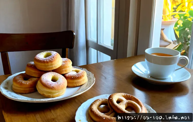 Home 30 다과와 독일 베이커리 - Photorealistic afternoon coffee break in a warm Spanish home kitchen, a rustic wooden table with fre...