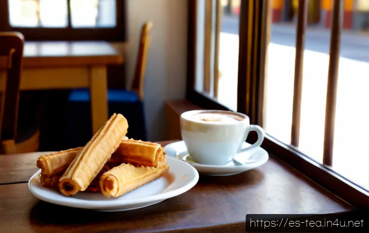 Home 17 다과와 스페인 츄로스 - Photorealistic Spanish afternoon tea table in a sunlit Madrid café, a white ceramic cup of hot choco...