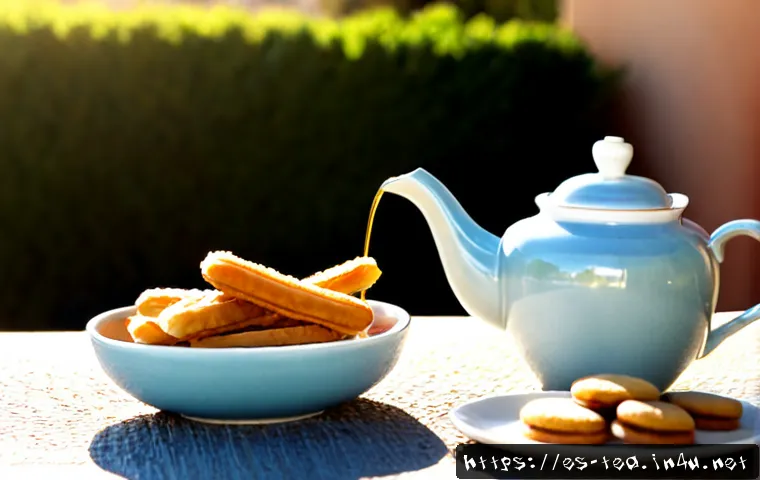 Home 17 다과와 다도 - Photorealistic Spanish afternoon tea setting on a sunlit terrace, elegant ceramic teapot pouring amb...